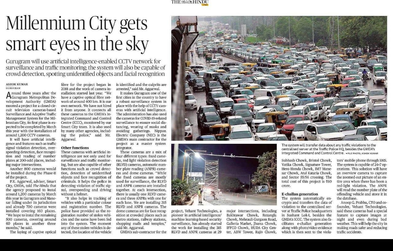 The Hindu covers our Traffic Monitoring System installation in smart city project of Gurugram